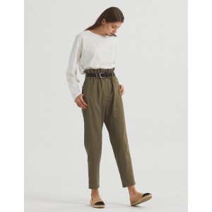 腰荷葉棉麻長褲