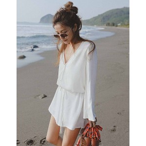 *V領寬袖縮腰人棉連身褲