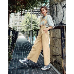 斜紋裝飾扣環吊帶寬褲