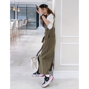 斜紋裝飾扣環吊帶寬褲