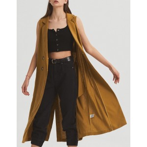 雙排釦棉麻長版背心(附本布腰帶)